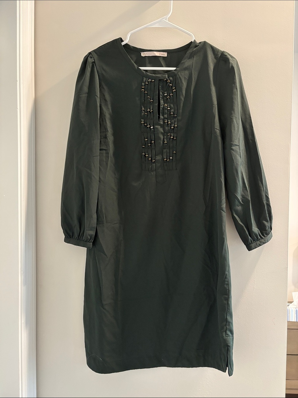 SFERRA Dark Green Long Sleeve Shift Dress with Beaded Placket